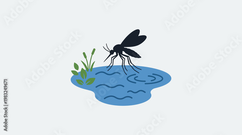 Mosquito resting on water surface with ripples and small plants