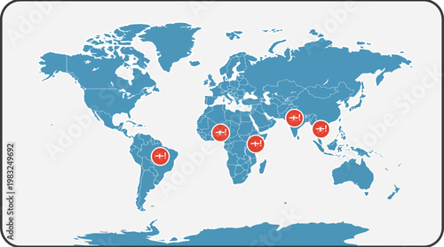 Global map showing locations of interest with red markers indicating specific sites
