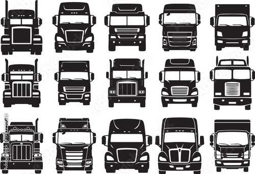 Collection of various semi truck silhouettes arranged in a grid pattern