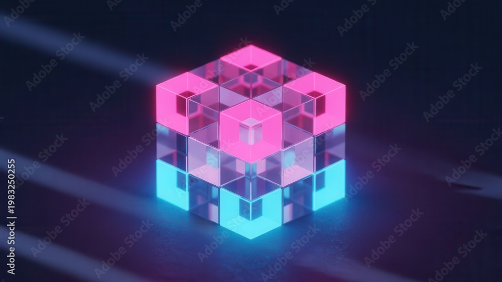 Obraz premium Mesmerizing Abstract Geometric Cube with Translucent Pink and Blue Neon Illumination Display