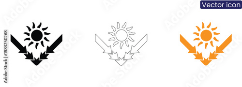 A set of vector icons featuring a sun with surrounding arrows on a clean white background, available in black, line art, and orange styles, ideal for illustrating energy, direction, or solar concepts