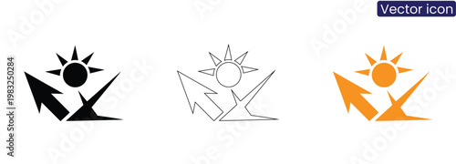 A set of vector icons featuring a sun with arrows on a white background, available in black, line art, and orange, ideal for representing energy, direction, or solar concepts