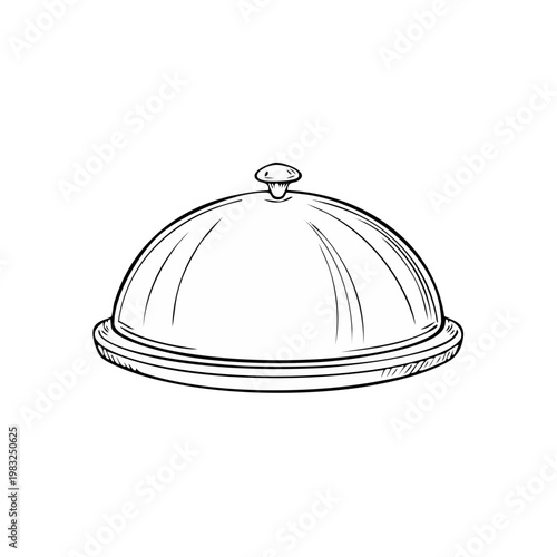 Hand drawn illustration of a classic silver food cloche with a handle on a plate