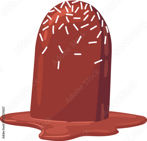 Chocolate popsicle melting, creating a sweet brown puddle with white sprinkles on top