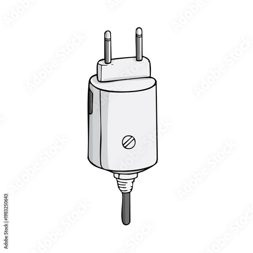 Simple Illustration of a White Electrical Power Adapter with Two Round Pins and a Cable