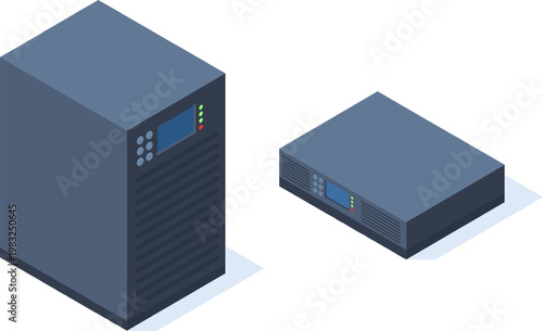 Two isometric UPS devices providing backup power for server and network infrastructure