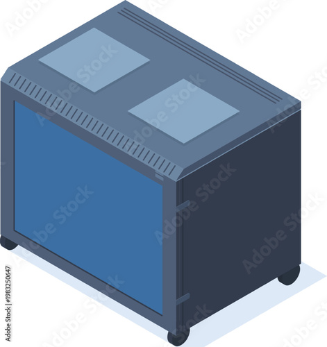 Server rack cabinet with blue screen representing data storage and computing