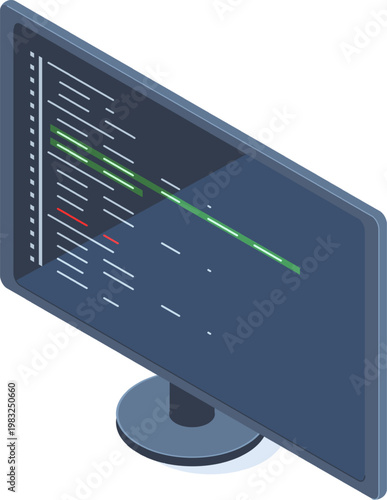 Computer monitor with code editor showing lines of code, programming, debugging, and technology