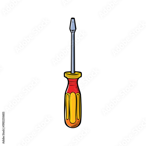 A simple red and yellow handled flathead screwdriver with a silver shaft and tip