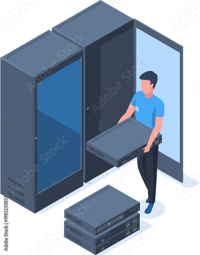 IT administrator installing computer server hardware into a data center rack cabinet