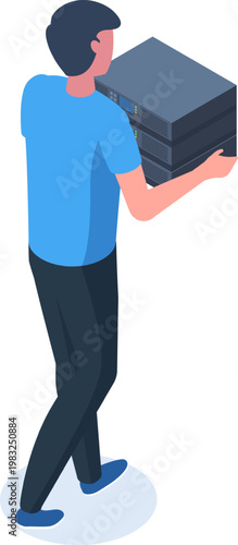 Man installing server hardware, managing information technology infrastructure