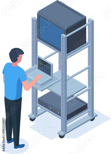 Man in a data center managing network equipment, servers, and switches on a rolling rack using a laptop