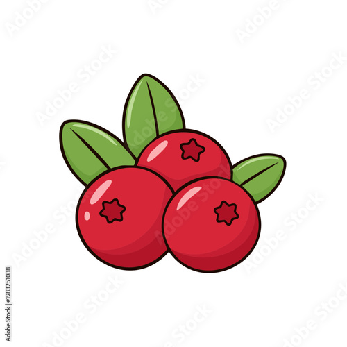 Three Ripe Red Berries with Green Leaves