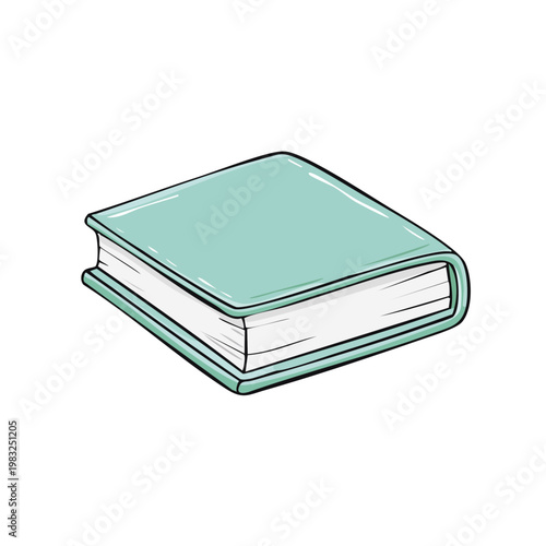 Simple cartoon drawing of a closed light blue hardcover book with white pages and a simple outline