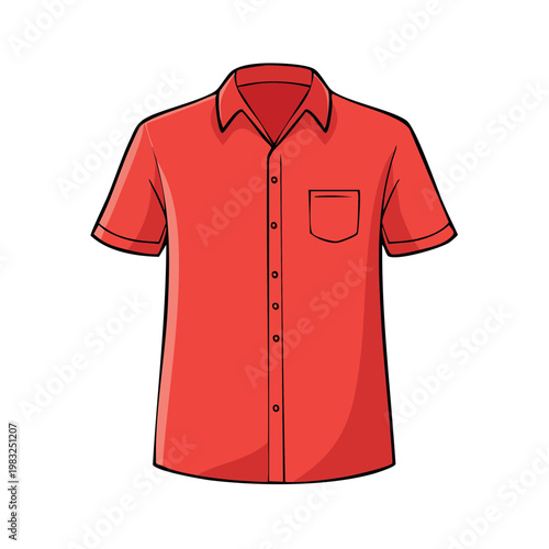 Classic red short sleeve button-up shirt with pocket and collar