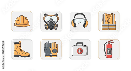 Safety equipment icons on white background.