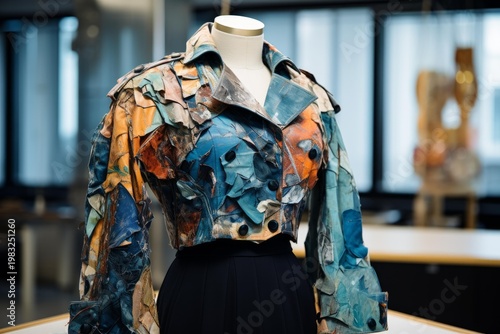 Mannequin modeling a unique multi colored patchwork jacket, showcasing innovative fabric design and style