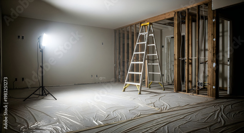 Construction site with ladder and light in an empty room under renovation