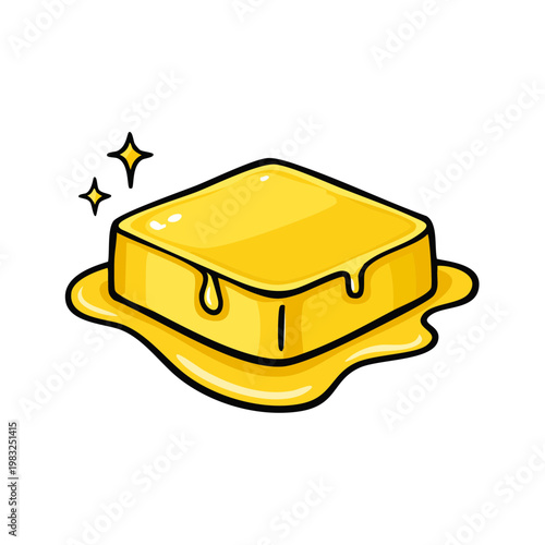 A bright yellow stick of butter melting and dripping with a golden sheen and sparkling highlights