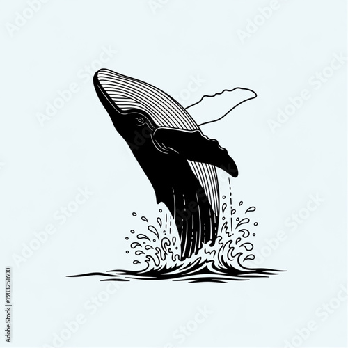 Whale Breaching Water Surface Illustration.
