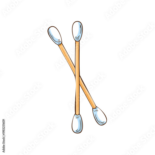 Pair of wooden cotton swabs with white tips crossed on white background for hygiene and beauty
