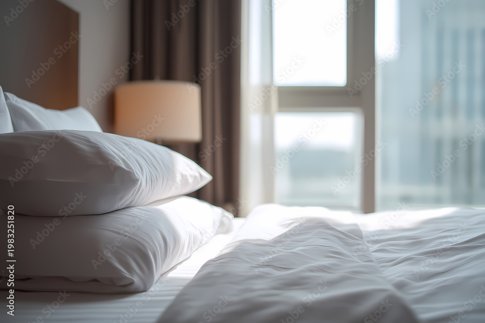Fototapeta premium Empty Hotel Room Bed with Crisp White Sheets