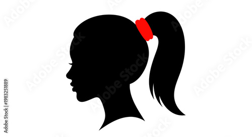 Silhouette of a woman with a red ponytail holder, profile view, isolated on white.