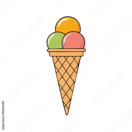 Colorful triple scoop ice cream cone with orange green and pink flavors in a waffle cone