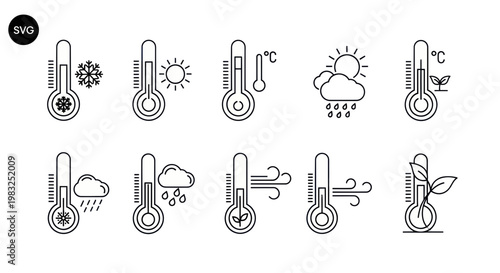 Weather Icons Set: Thermometer, Sun, Clouds, Rain, Snow, Wind, Plant Growth