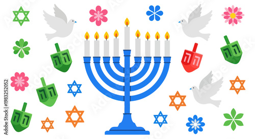 Happy Hanukkah Symbols: Menorah, Dreidels, Stars of David, Doves, Flowers