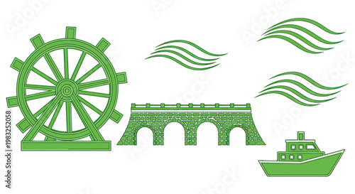 Green Water Wheel, Bridge, Boat, and Waves Icons - Renewable Energy and Transport
