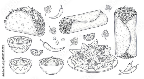 Mexican Food Hand-Drawn Sketch: Tacos, Burritos, Nachos, Dips, Chili Peppers