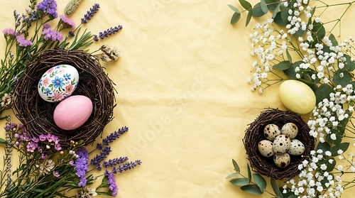 Wallpaper Mural Beautiful Easter themed arrangement featuring nests filled with decorative and natural eggs surrounded by flowers Torontodigital.ca