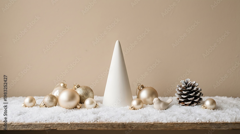 custom made wallpaper toronto digitalElegant Christmas ornaments and a cone tree displayed on a snowy wooden surface with a subtle background
