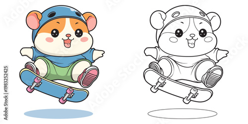 Hamster performing a skateboard jump trick. Cute character for kids coloring pages, learning media, and fun activities. Isolated illustration.