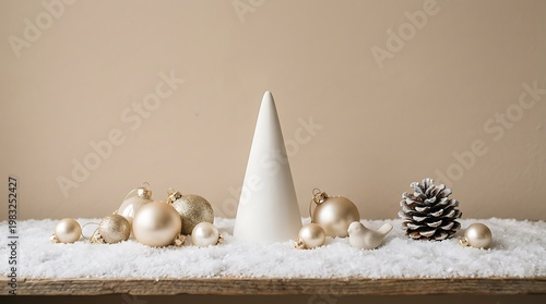 Wallpaper Mural Elegant Christmas ornaments and a cone tree displayed on a snowy wooden surface with a subtle background Torontodigital.ca