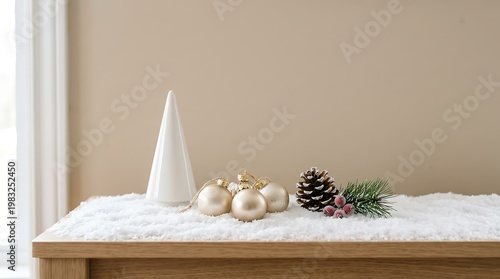 Wallpaper Mural Festive winter holiday arrangement featuring a white cone tree golden ornaments and pine sprigs on faux snow Torontodigital.ca