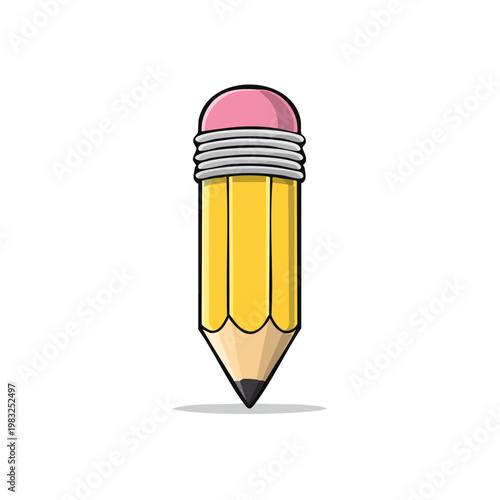 Yellow cartoon pencil with pink eraser on white background, writing tool