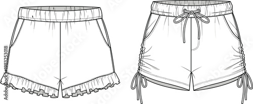 Technical fashion flat sketch of women's summer shorts featuring elastic waist with ruffle hem and drawstring style with side ruching details.