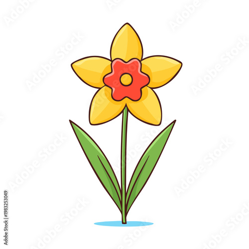 Charming Yellow Daffodil Flower with Green Leaves and Red Center Illustration
