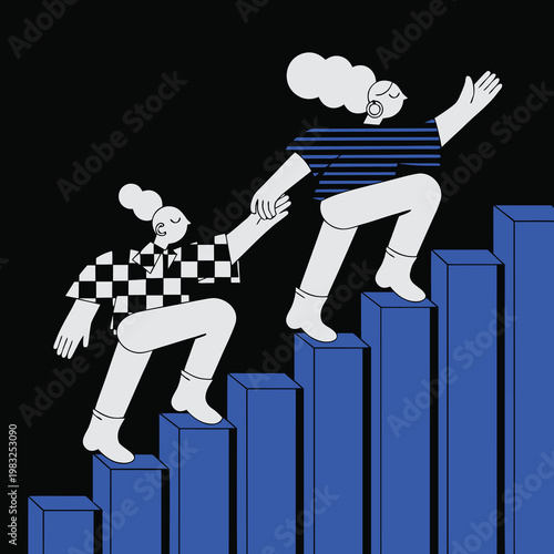 Mutual Ascent: An illustration captures two figures on a journey of rising and support, hand in hand, conquering steps together. 