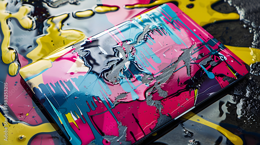 Fototapeta premium Vibrant graffiti covered laptop on colorful liquid splashes