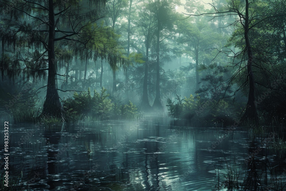 Fototapeta premium Fog floats on the surface of a swamp filled with cypress trees and spanish moss hanging from branches
