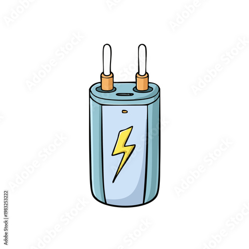 Cartoon power bank with lightning bolt symbol and two USB ports for charging devices