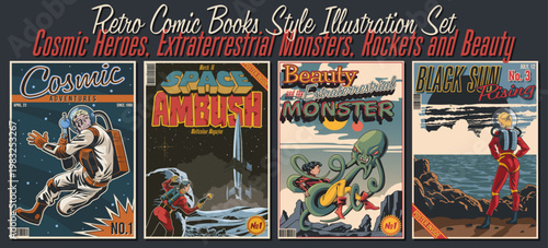 Retro Fantastic Comic Book Covers Style Set. Retro Future Sci Fi Books Illustrations. Astronauts on a Unknown Planets, in Outer Space, with Alien Monster. Space Rocket, Ocean, Black Sun. Retro Colors