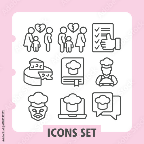 Cheating man and woman, divorce, breakup, outline style icons set depicting relationships work emotions and communication symbols on white background. Vector graphics. Set of nine line icons.