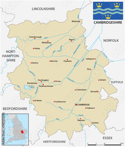Map of the ceremonial county Cambridgeshire, England, UK
