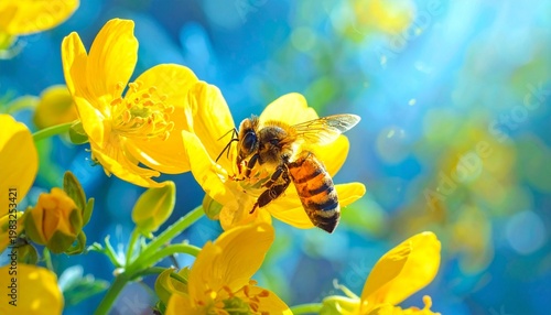 Busy bee collecting nectar from vibrant yellow flower on a sunny day