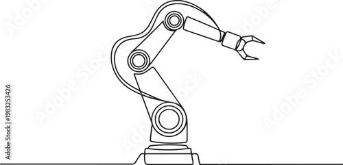 Automated industrial robotic arm in a clean outline illustration, showcasing precision engineering and advanced manufacturing technology