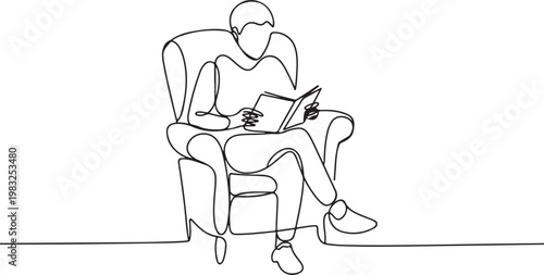 Continuous line drawing of a person engrossed in reading a book in an armchair, a moment of tranquil reflection and intellectual engagement captured with simple elegance